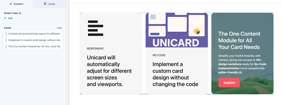 Unicard default three-card layout and module placement