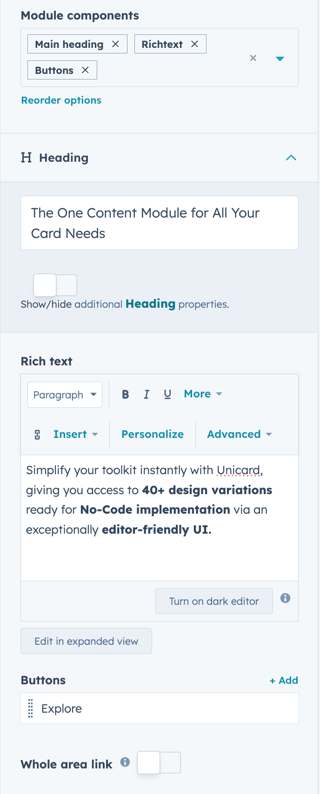 Unicard content editor UI
